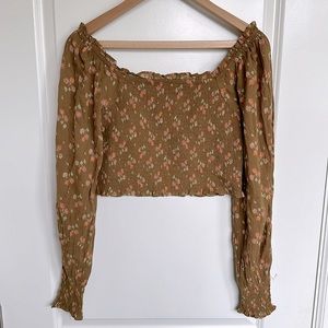 NWOT Aerie Top Long Sleeve Ruffle Cropped sz Medium Smocked Floral Cotton Brown